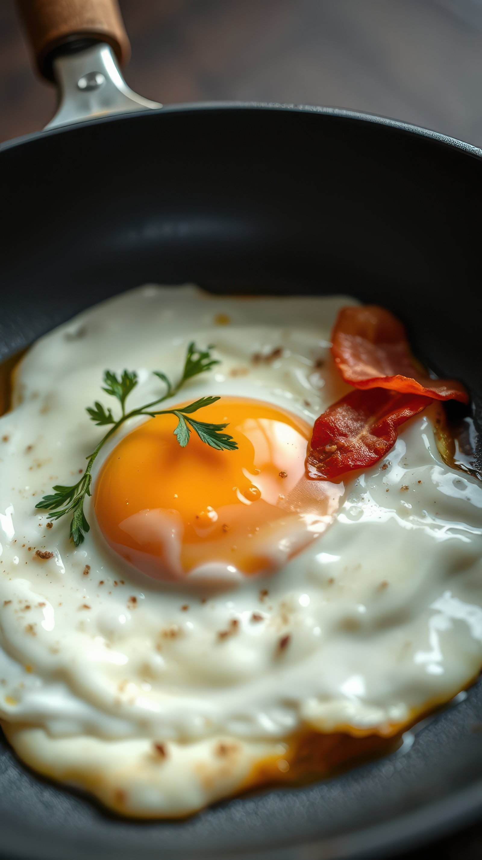 Perfectly fried egg garnished with herbs and crispy bacon in a skillet on a wooden surface